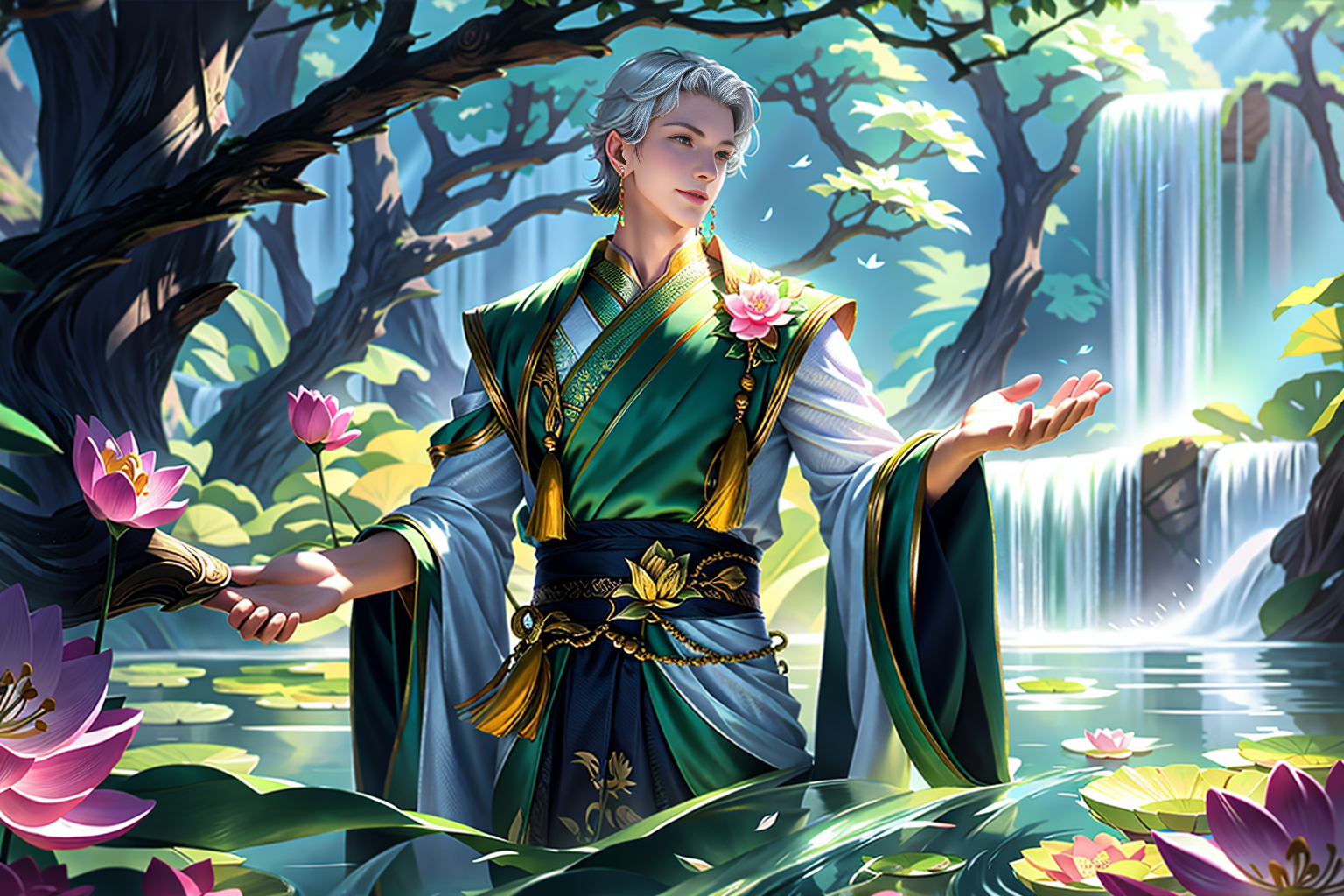 07828-583456227-Game illustration, male focus, 1boy, lotus, water, flower, jewelry, lily pad, solo, earrings, pink flower, looking at viewer, fo.png